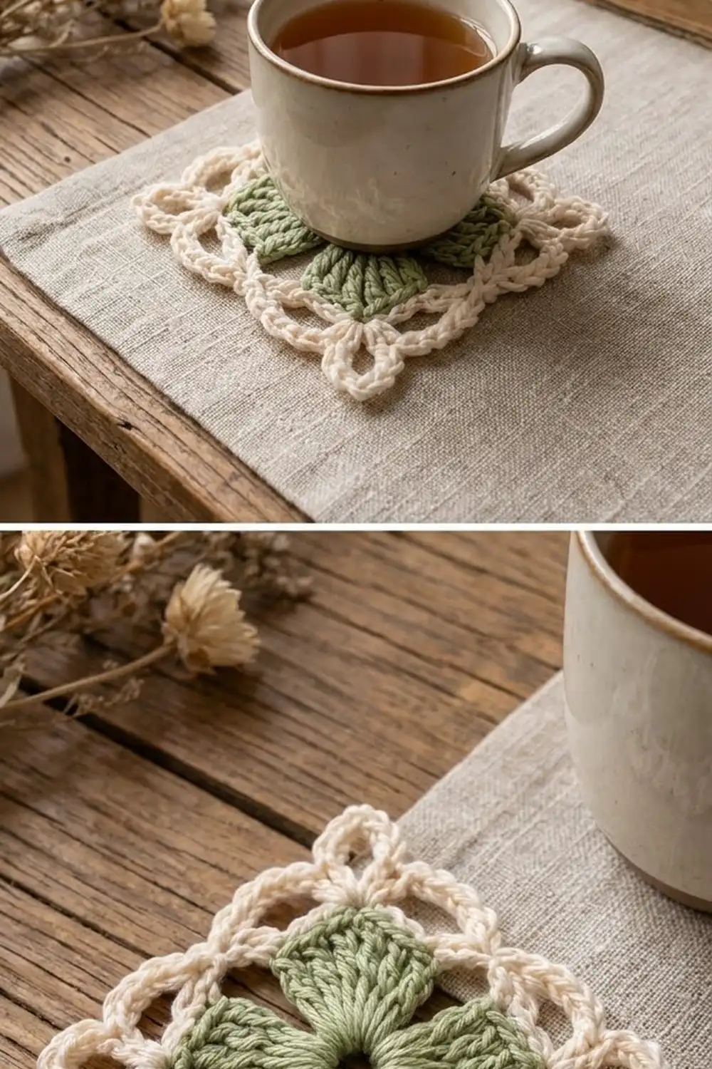 Crocheted coaster with cream scalloped edges and sage center holds a white mug on linen and rustic wood.