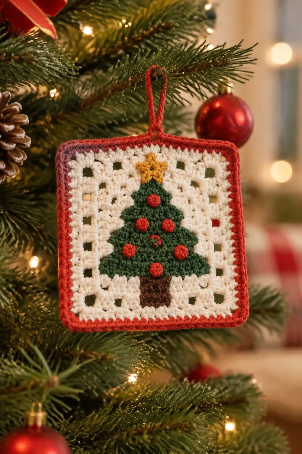 A crocheted Christmas tree ornament with red border and white background hanging on an evergreen branch.