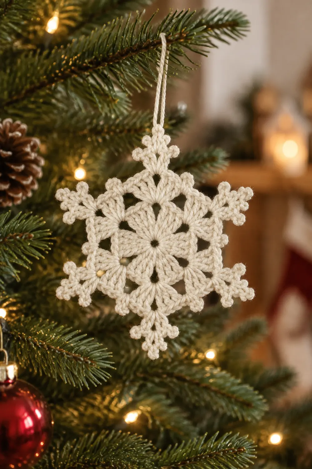 A cream-colored crocheted snowflake ornament hangs from a white string on an evergreen Christmas tree branch.