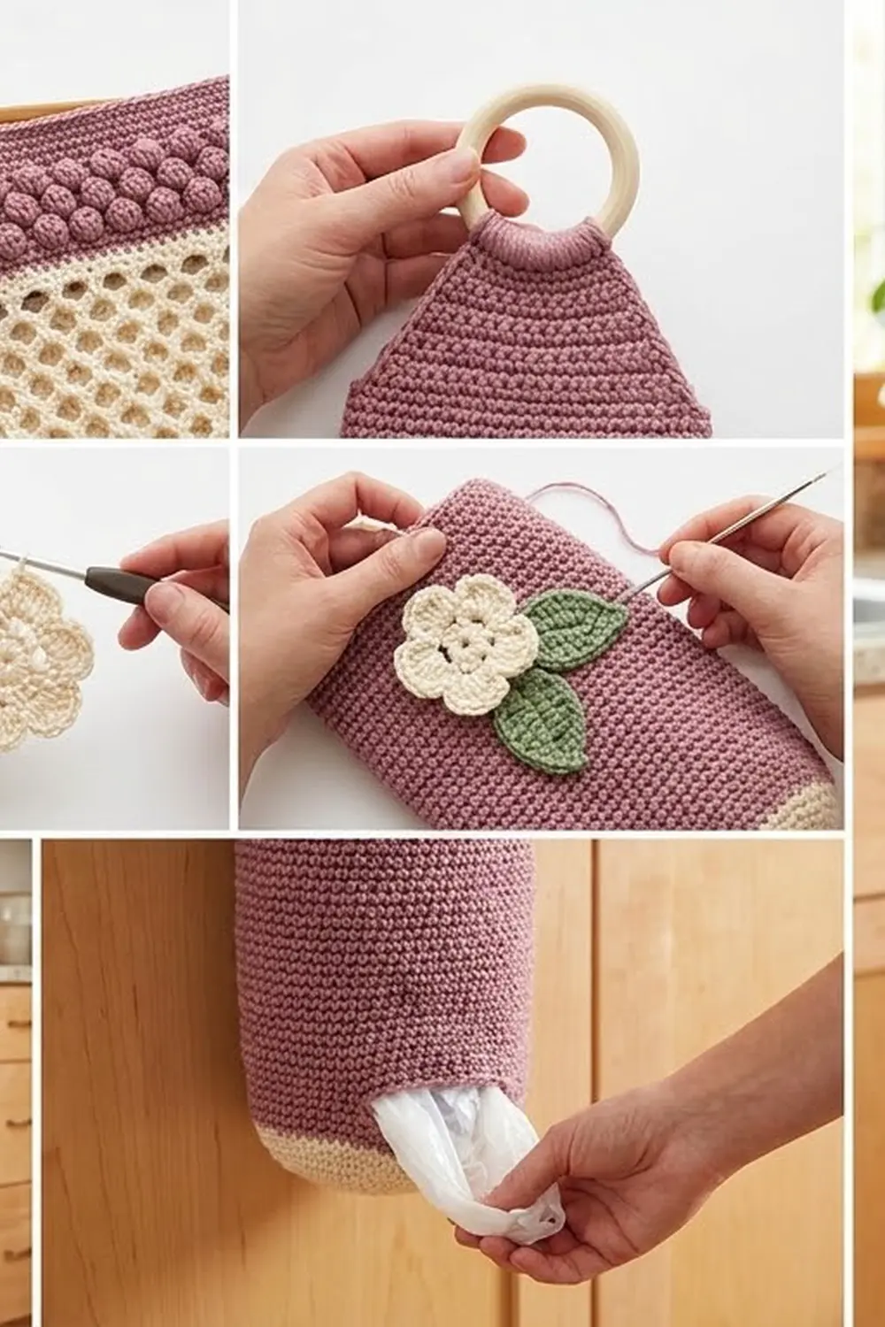 Dusty rose crochet tissue dispenser with wooden handles and cream flower embellishment displayed in everyday use scenes.