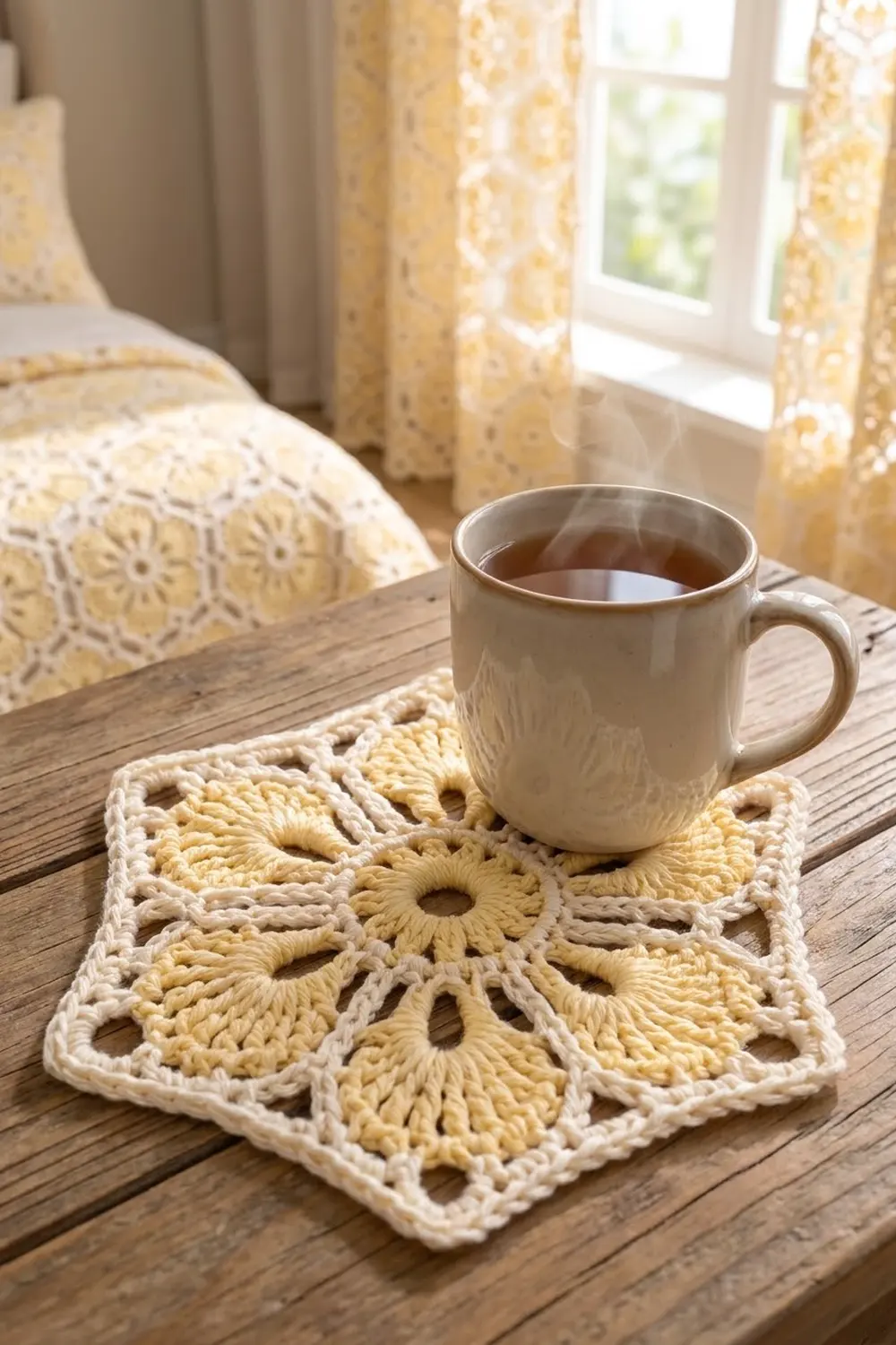 Cream and yellow crocheted square coaster with lace pattern holds a white mug on a wooden table in a bright bedroom.
