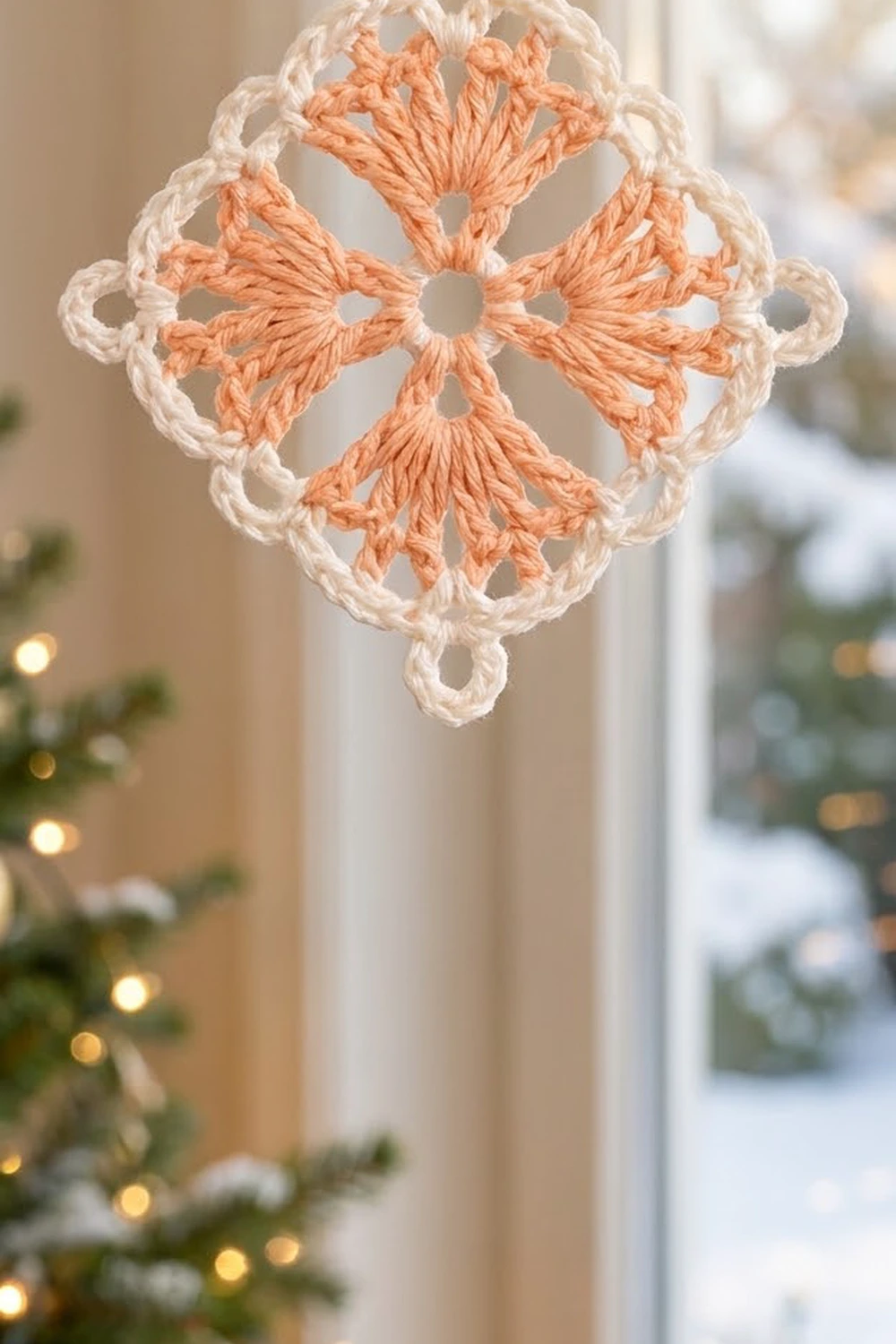 A peach and cream crocheted snowflake ornament hangs in a sunlit window, surrounded by holiday garland with twinkling lights.