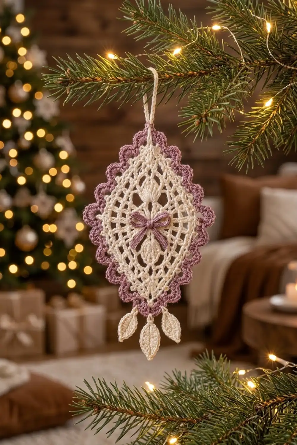 Crocheted lace ornament with cream and mauve coloring, bow detail, leaf accents hanging from evergreen branch with warm holiday lights.