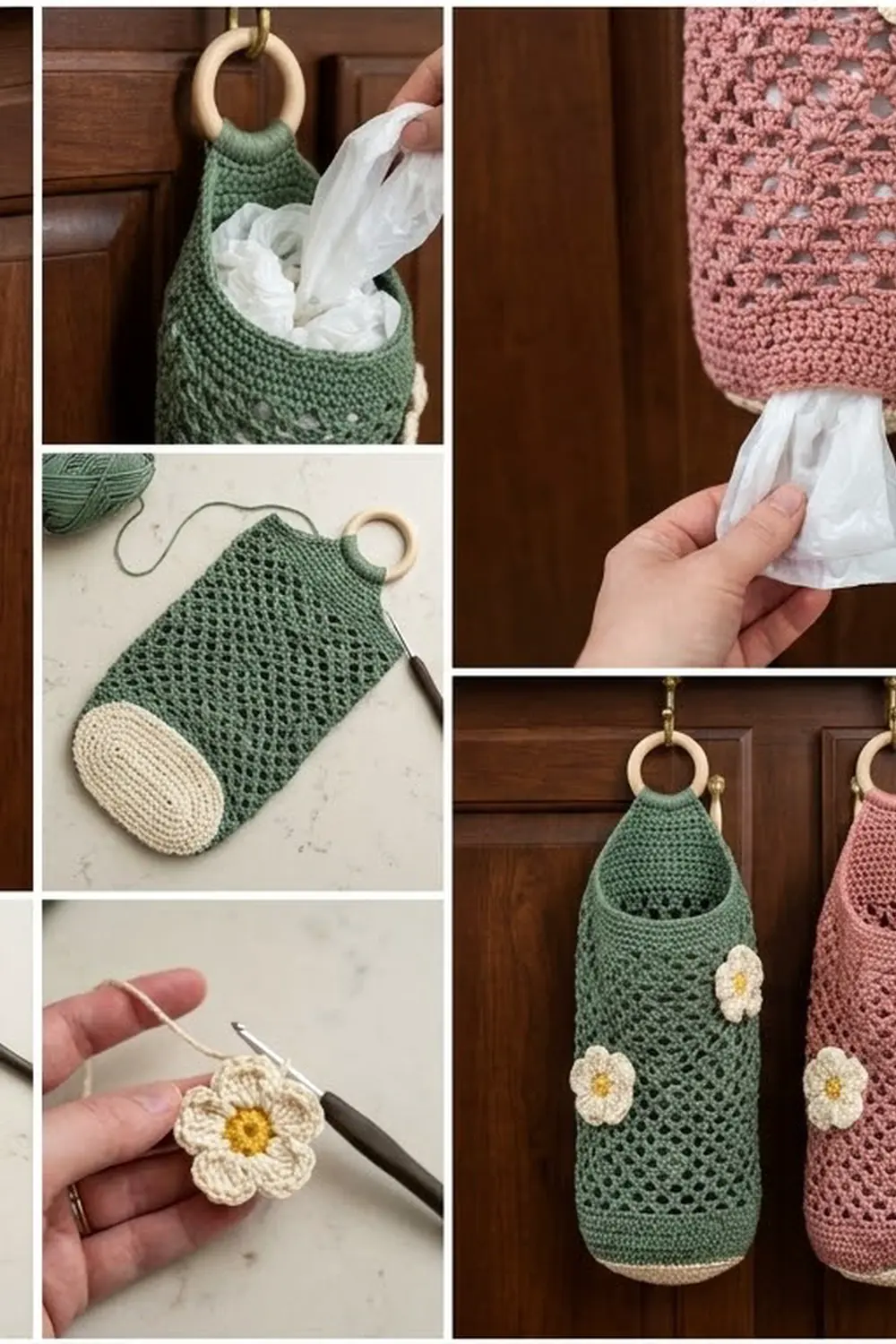 Sage green crocheted tissue holder with white daisy details hangs from wooden ring on dark cabinetry.