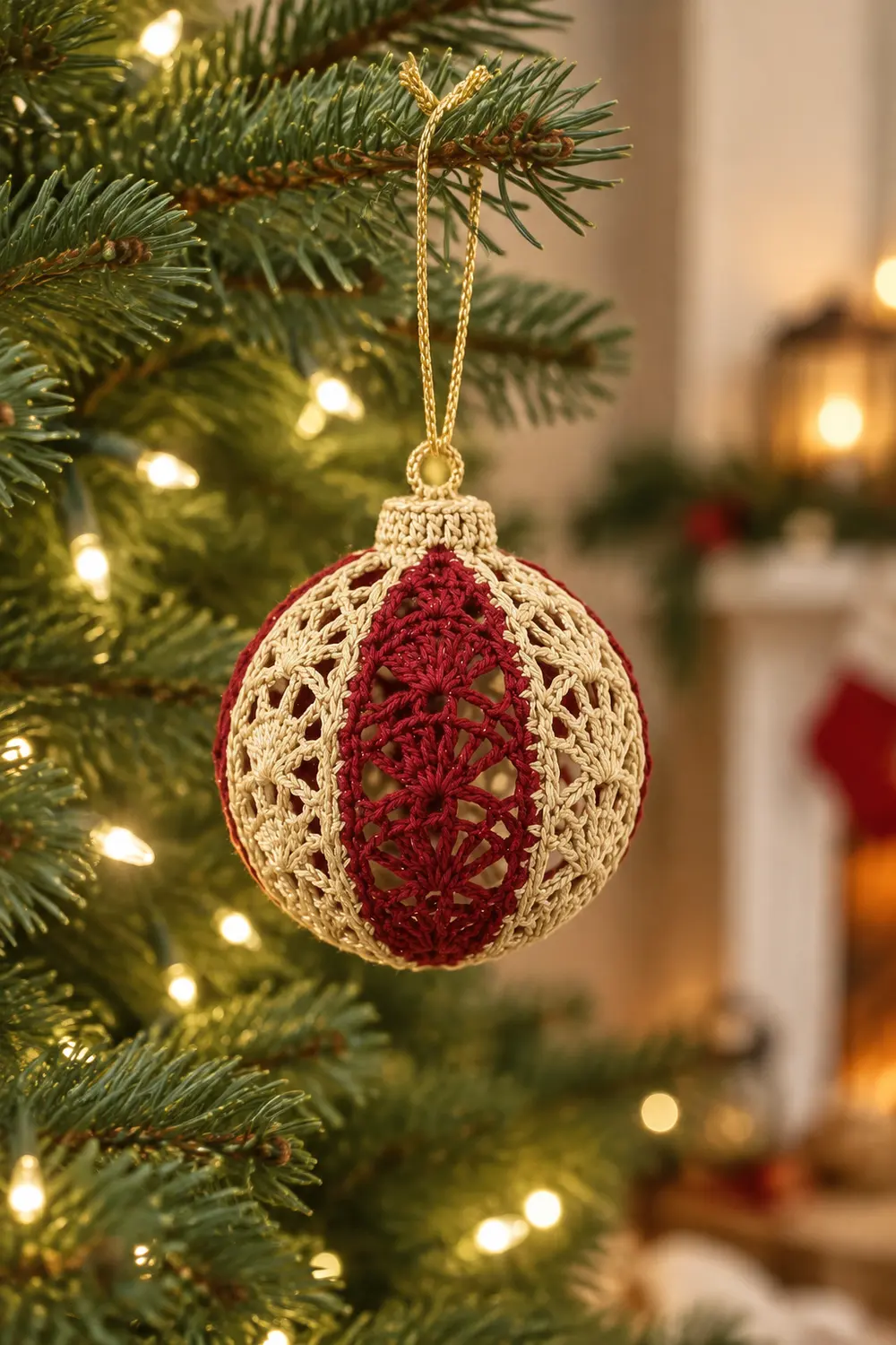 A crocheted red and cream ornament hangs on a lit Christmas tree with warm background lights.