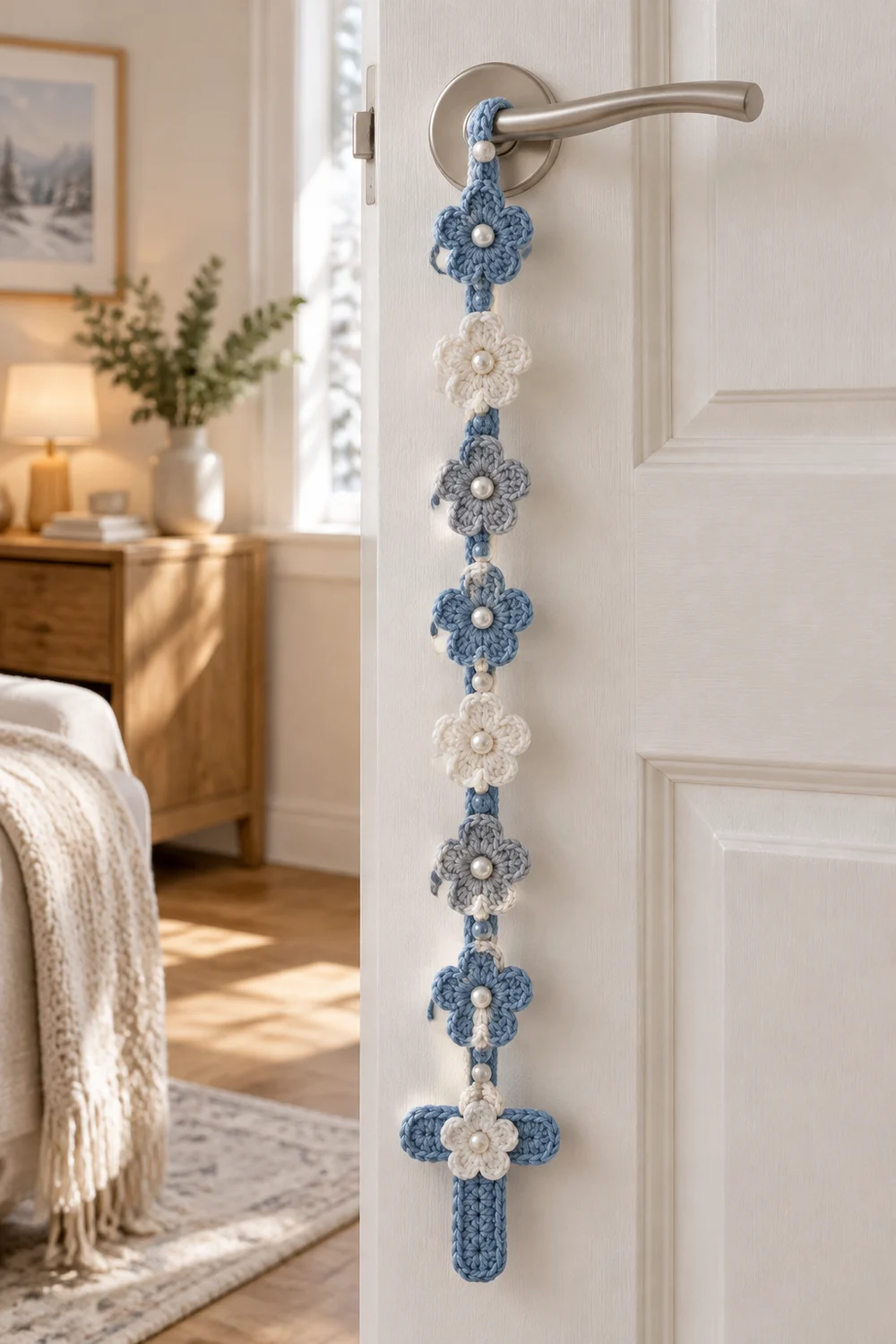 A crocheted flower door hanger in blue, gray, and cream hangs from a brushed nickel door handle in a bedroom.