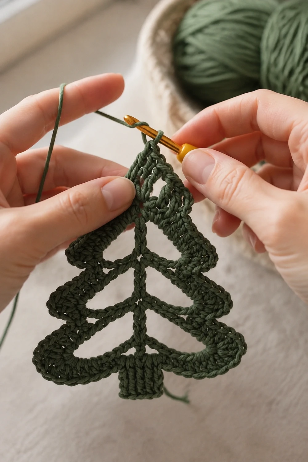 Hands holding a crocheted green Christmas tree ornament with a crochet hook and yarn basket nearby.