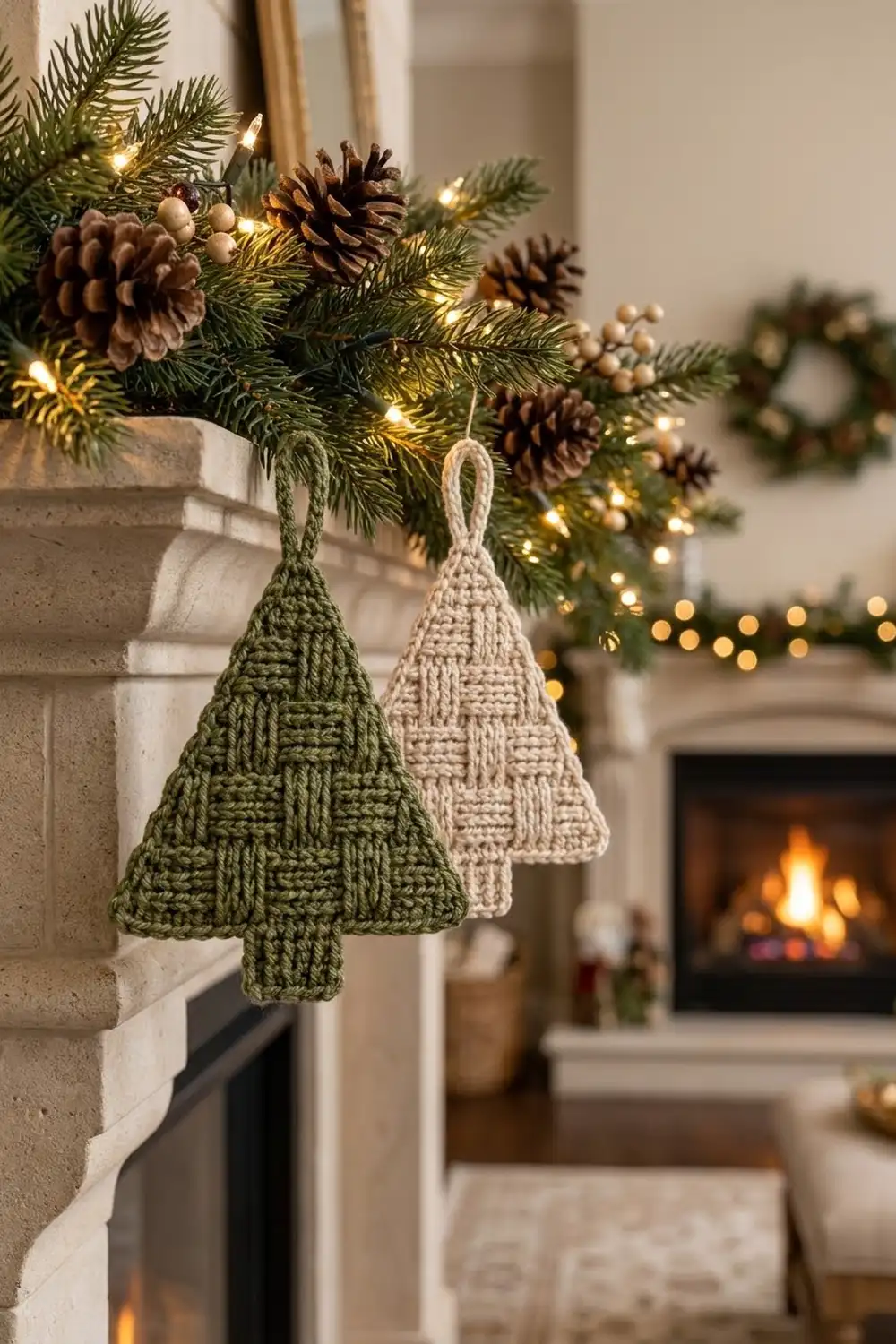 Crocheted tree ornaments in green and cream hang from a mantel with evergreen branches, pinecones, and warm string lights.