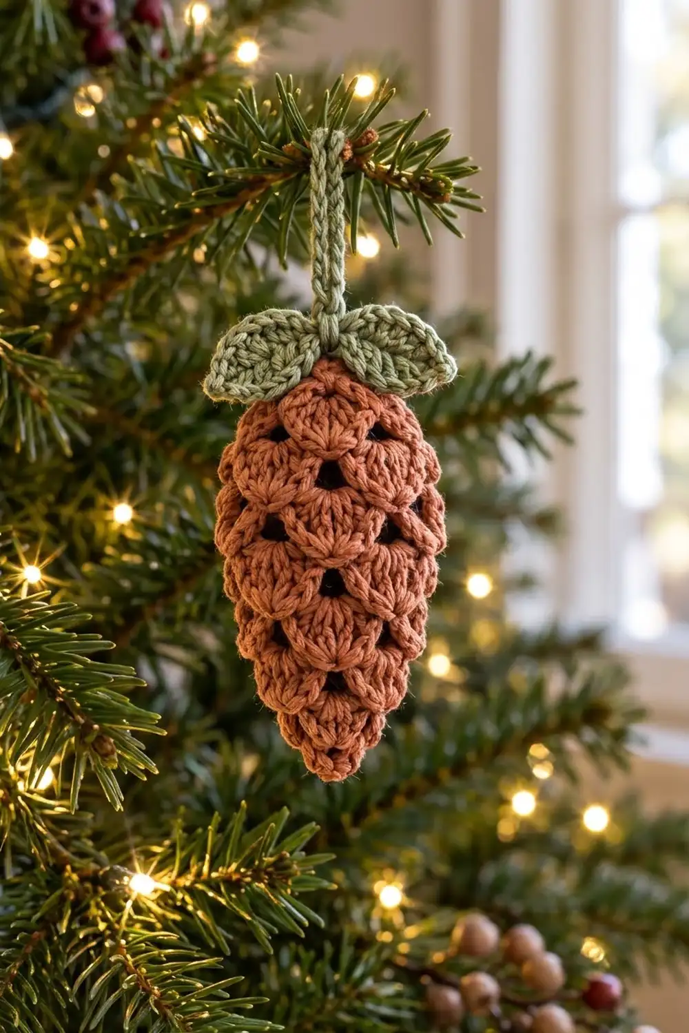 Crocheted rust-colored pinecone with sage-green leaves hanging on a decorated Christmas tree.