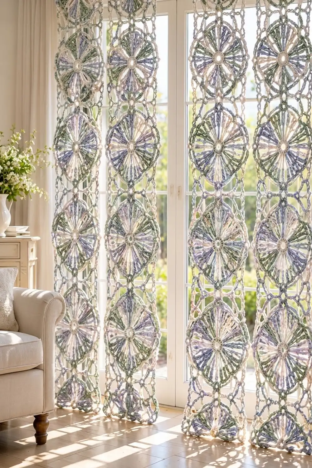 Delicate crochet curtains featuring purple and green fan motifs filter light before tall windows in a bright living room.