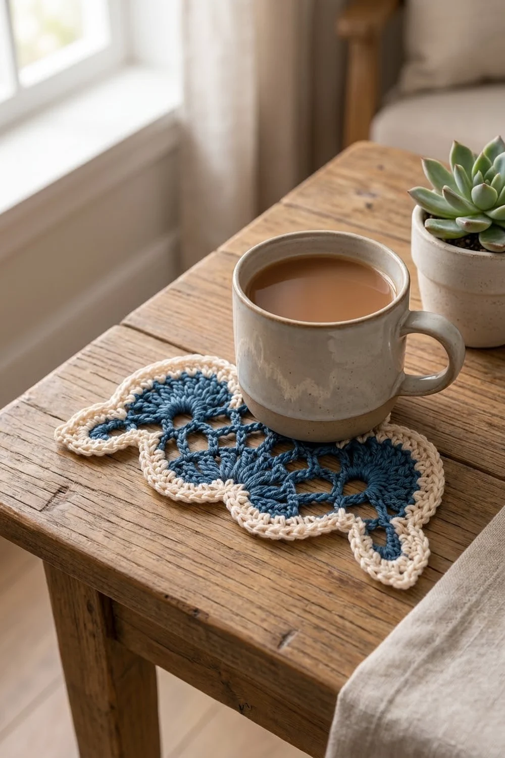 Cream and blue crocheted openwork coaster beneath a white ceramic coffee mug on a wooden side table.