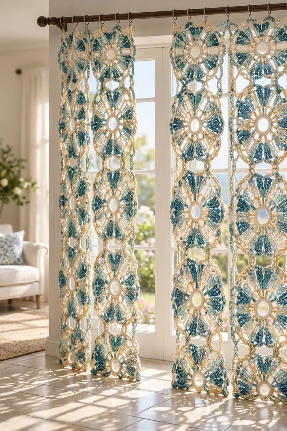 Teal and cream crocheted curtains with flower motifs hang from a brown rod, framing bright French doors.