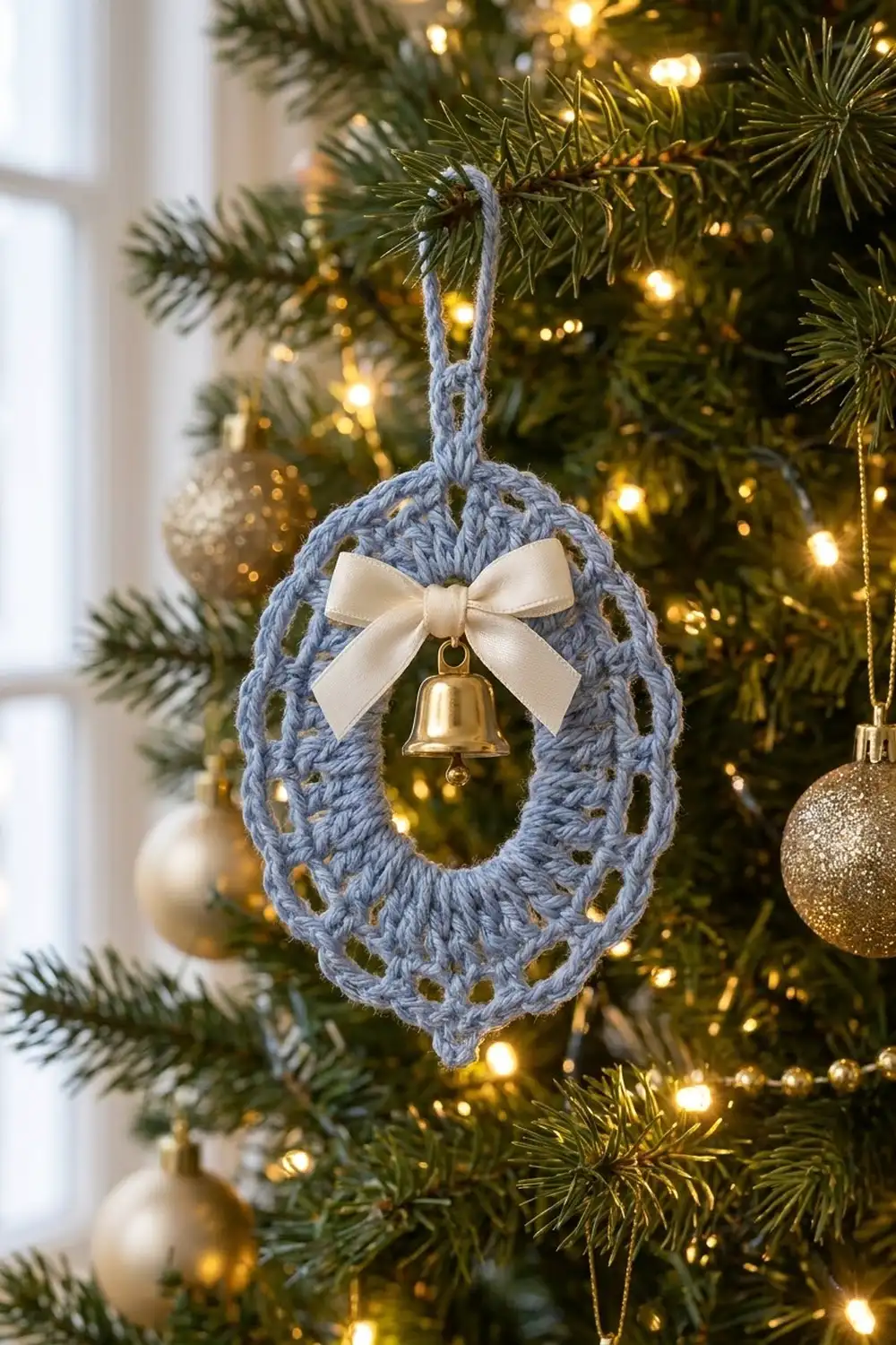 Periwinkle crocheted ornament with cream bow and gold bell decorates an evergreen Christmas tree with warm white lights.
