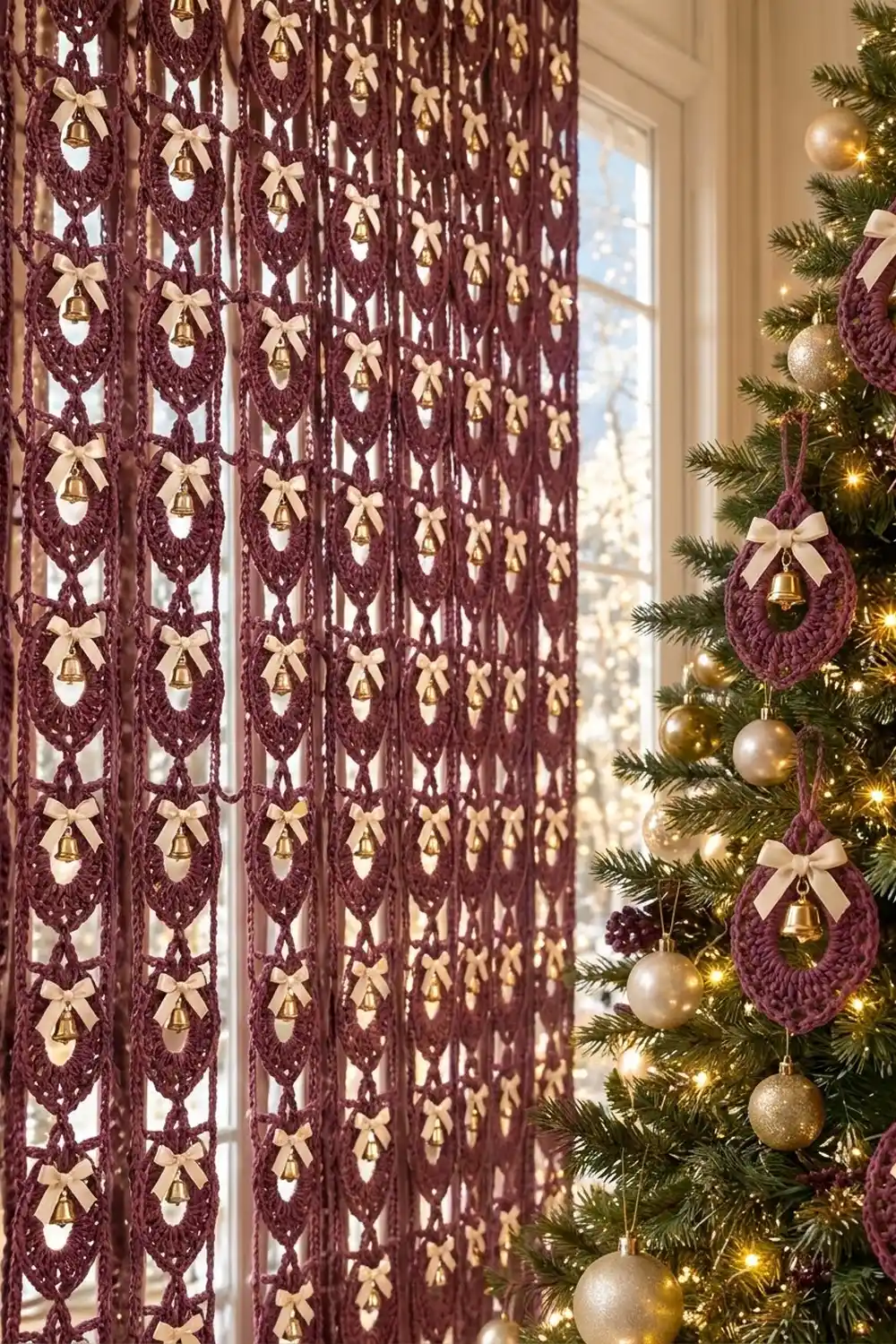 Burgundy crocheted curtains patterned with gold bells and cream bows displayed beside a decorated Christmas tree with matching ornaments.