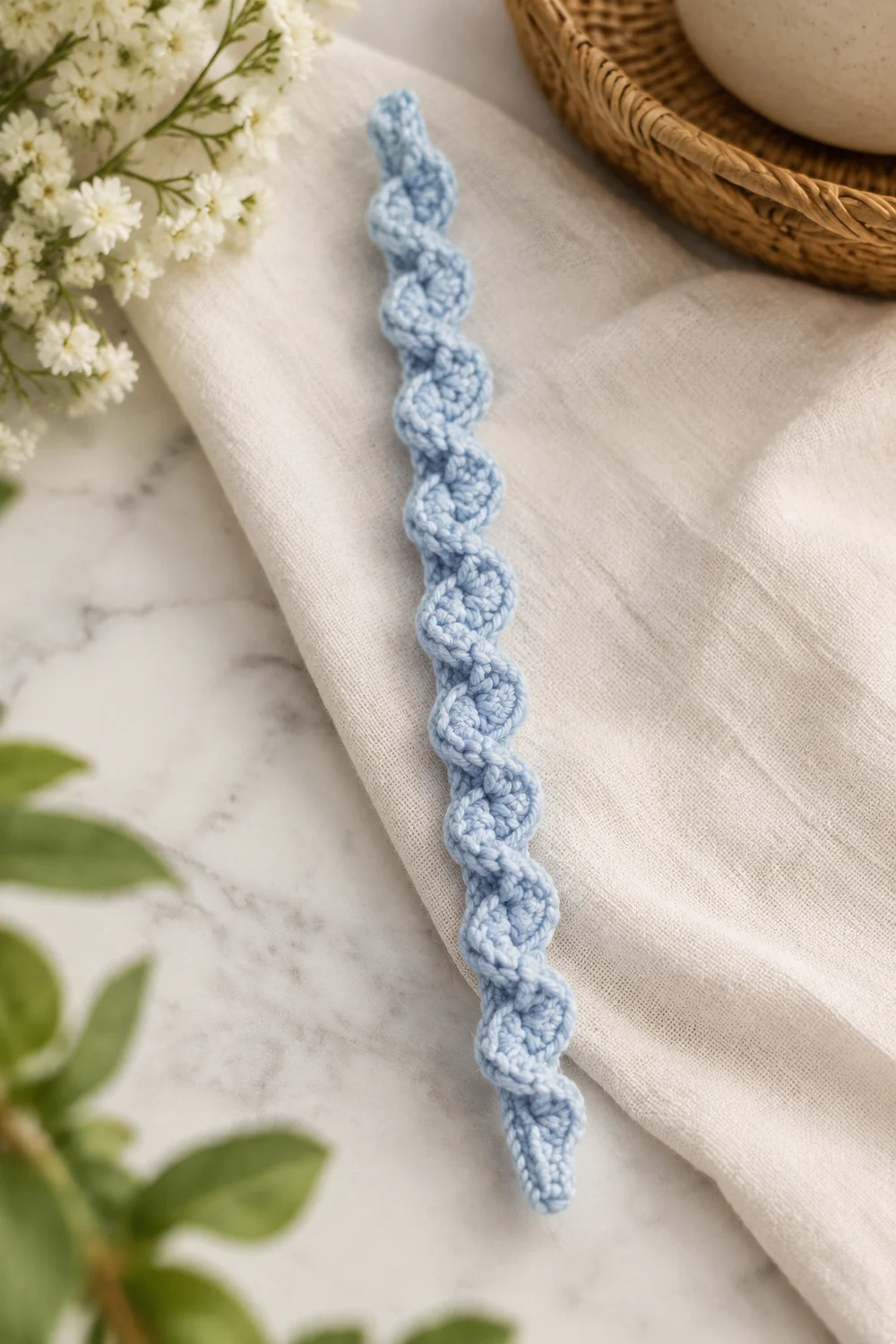 A light blue crocheted lace trim decorates a cream linen napkin, styled with white flowers and woven basket.