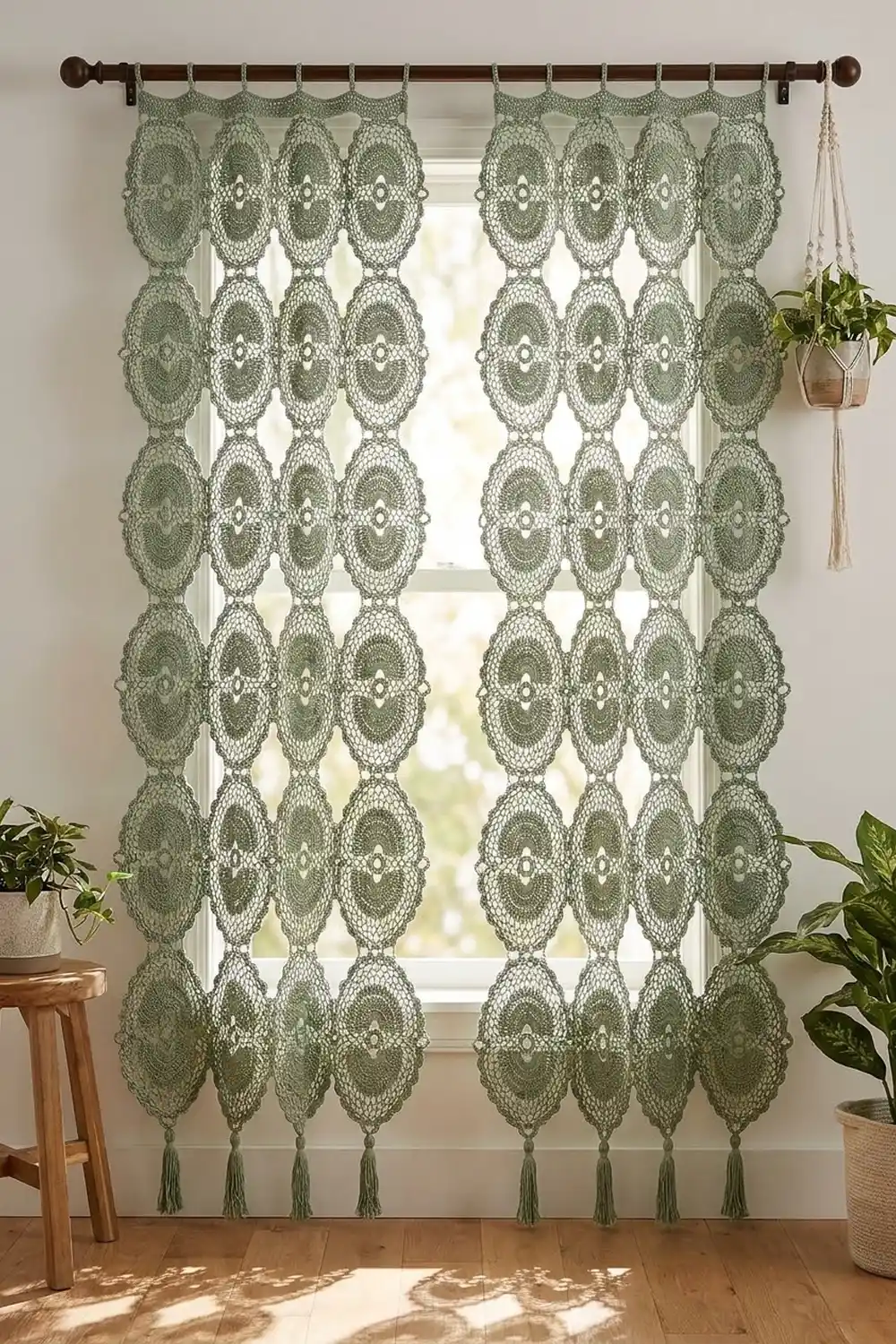 Sage-green crochet lace curtains with circular medallion motifs frame a sunlit window, flanked by potted plants.