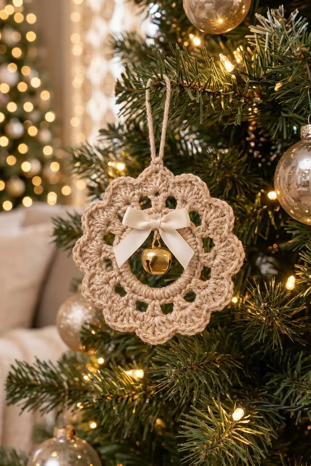 Beige crocheted wreath ornament with white bow and gold bell hanging on evergreen tree with warm lights and gold ornaments.