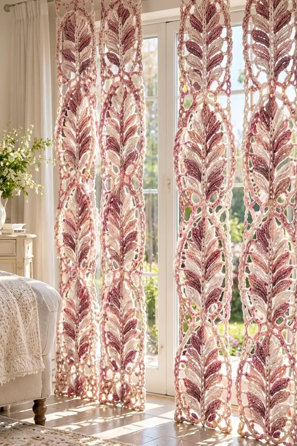 Wine-red and cream leaf-patterned curtains with openwork lace design frame a bright, sunlit bedroom window.