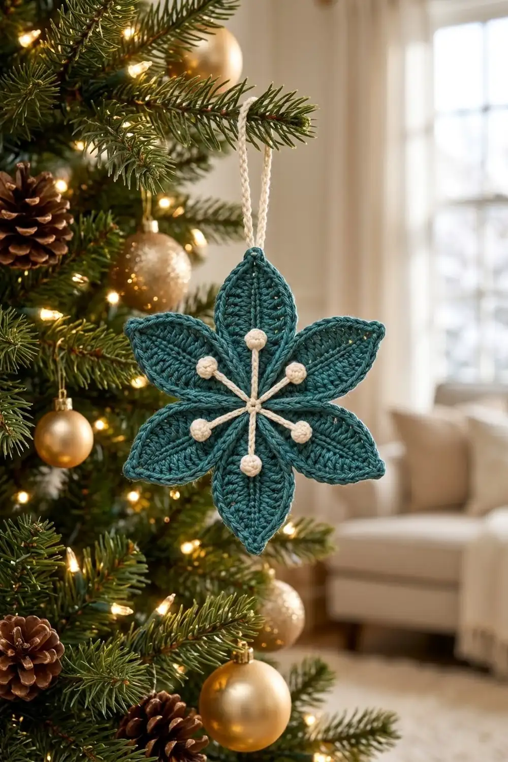 Teal crocheted star ornament with white beads hanging on a Christmas tree decorated with lights, gold ornaments, and pinecones.