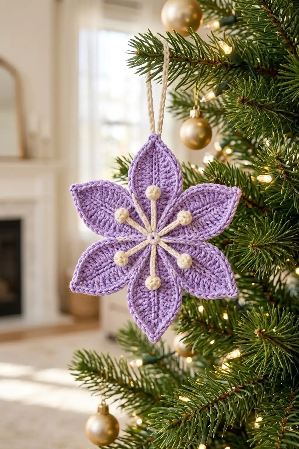 Handmade lavender crochet flower ornament with cream stamens hangs on a decorated Christmas tree with gold baubles.