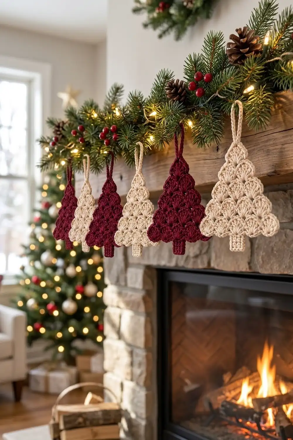 Burgundy and cream crocheted tree ornaments hanging from a festive mantel garland decorated with greenery, berries, and warm lights.