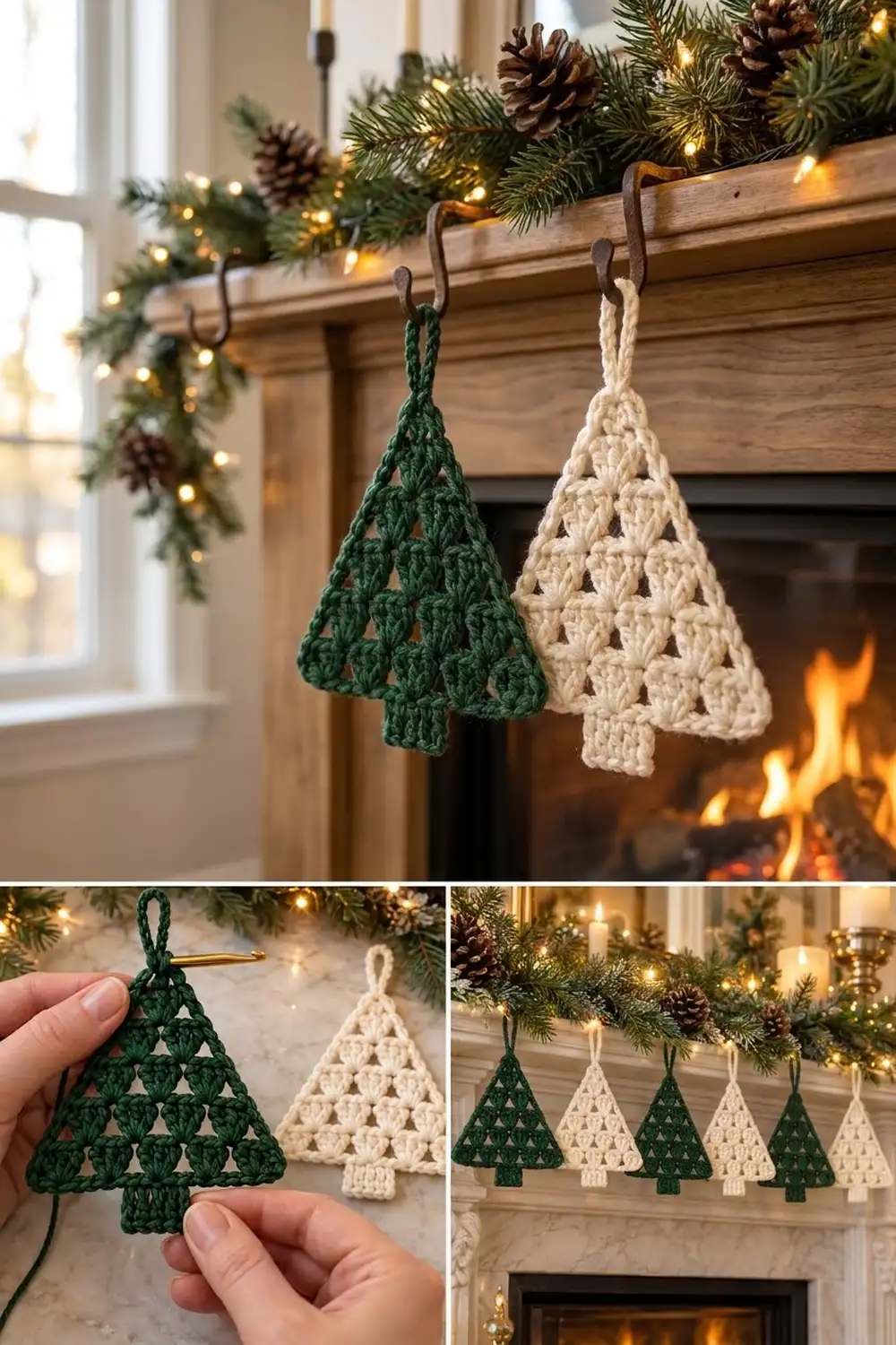 Crocheted Christmas tree ornaments in green and cream hang from a wood mantel with festive garland and fireplace.