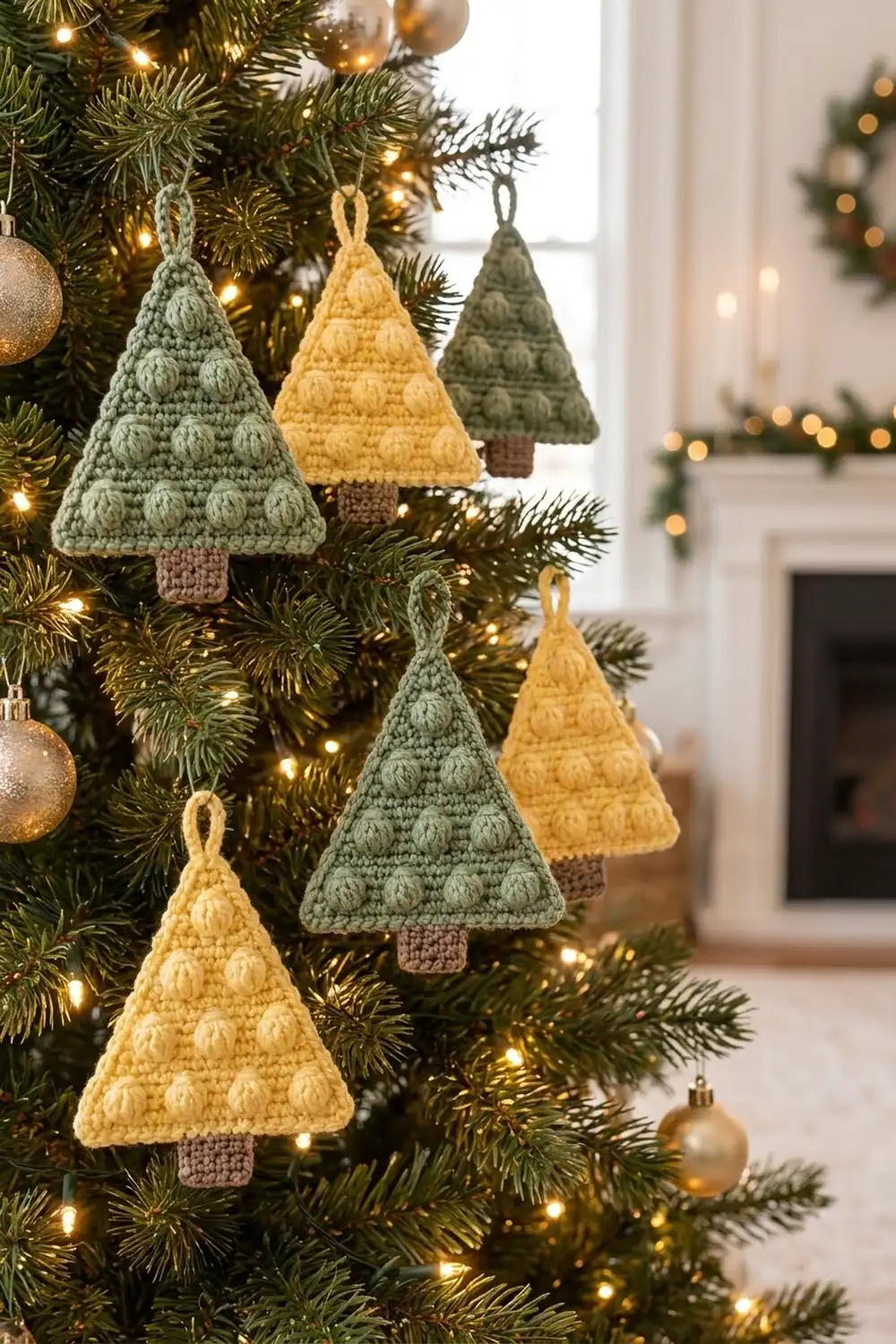 Crocheted tree-shaped ornaments in sage, yellow, and brown hang from a green evergreen decorated with warm lights and gold baubles.