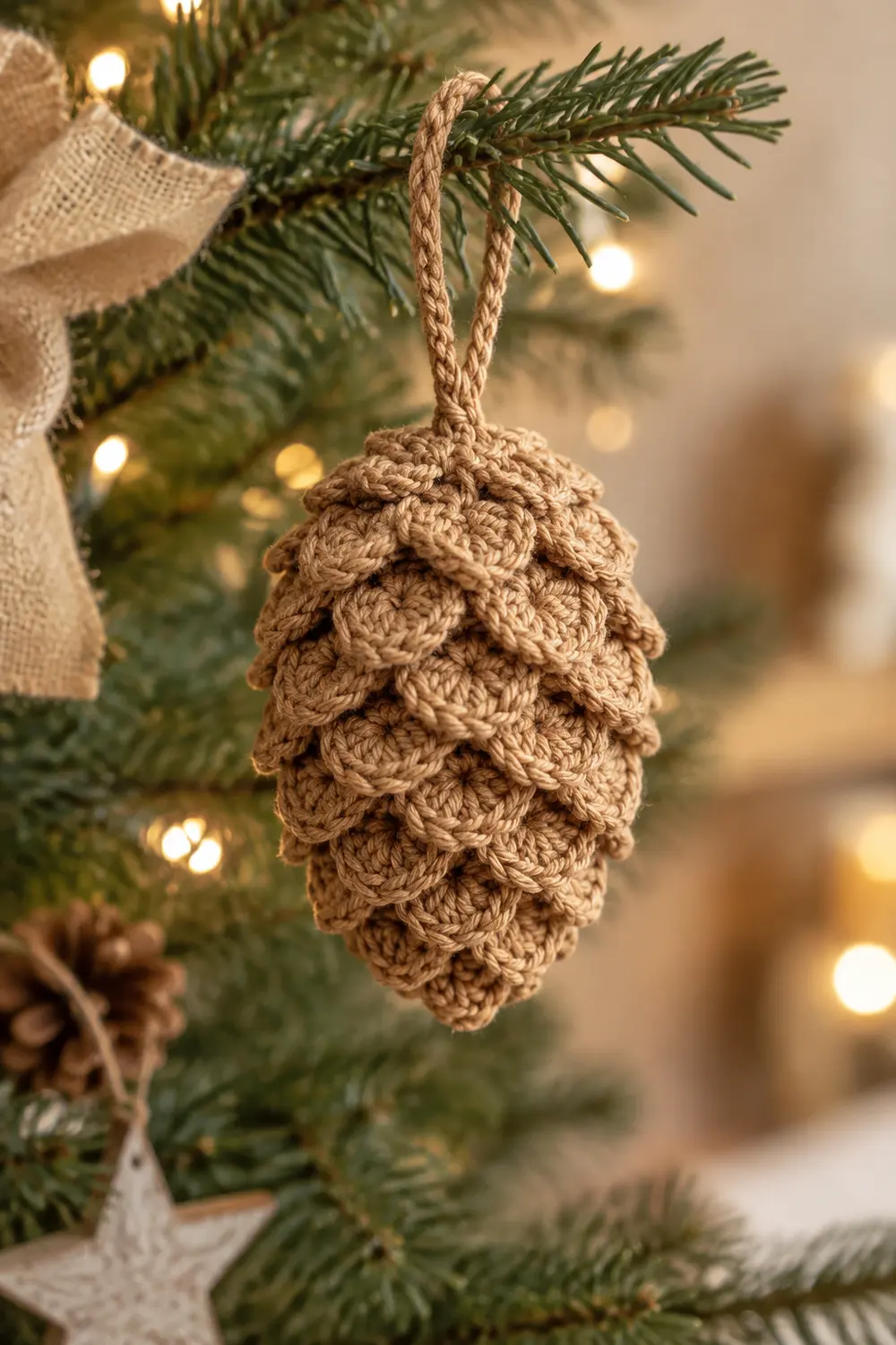 A crocheted tan pinecone ornament with jute string hanging from an evergreen branch with warm lights.