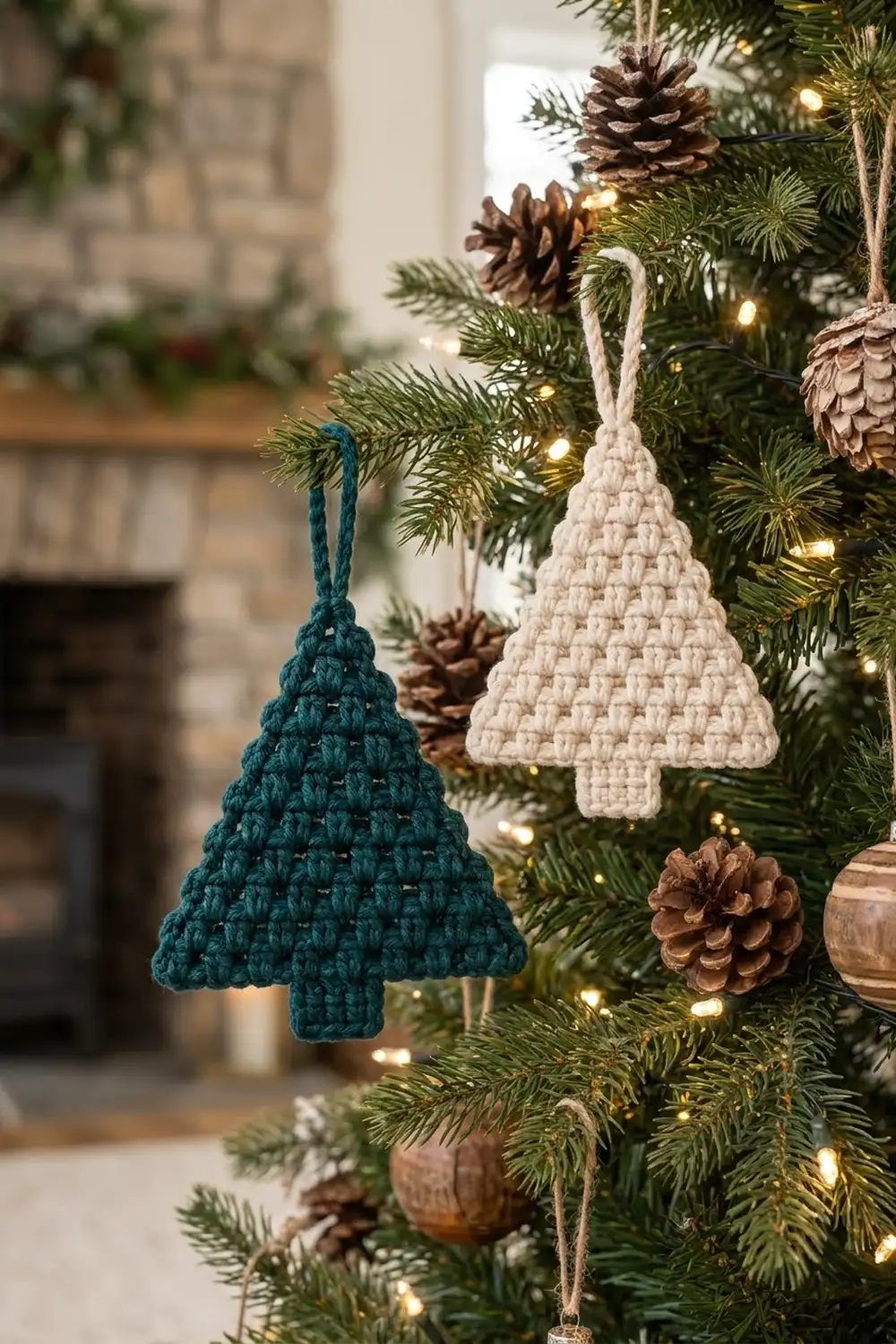 Teal and cream crocheted tree ornaments hang on an evergreen tree decorated with pinecones and warm lights.