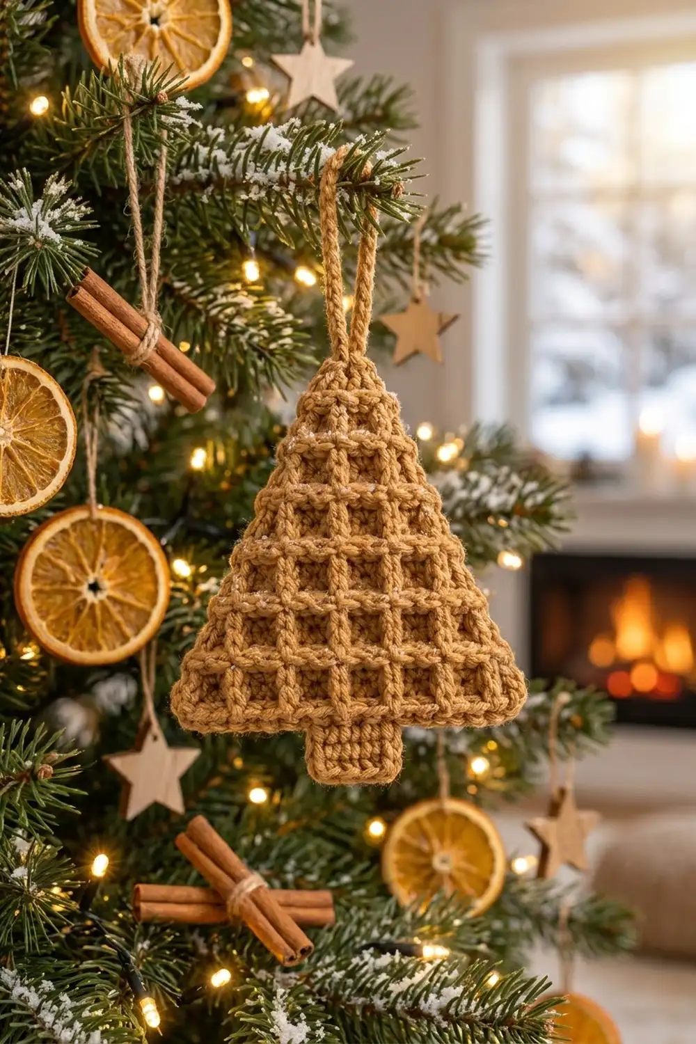 Tan crocheted tree ornament hanging on evergreen garland with dried orange slices, cinnamon, and warm lights by a fireplace.