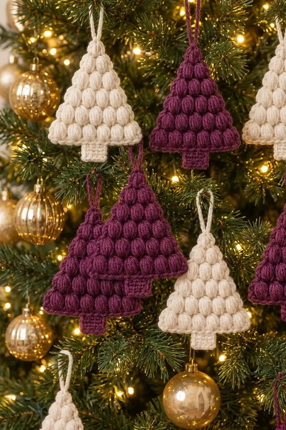 Crocheted Christmas tree ornaments in cream and burgundy hang from a decorated evergreen tree with gold ornaments and warm lights.