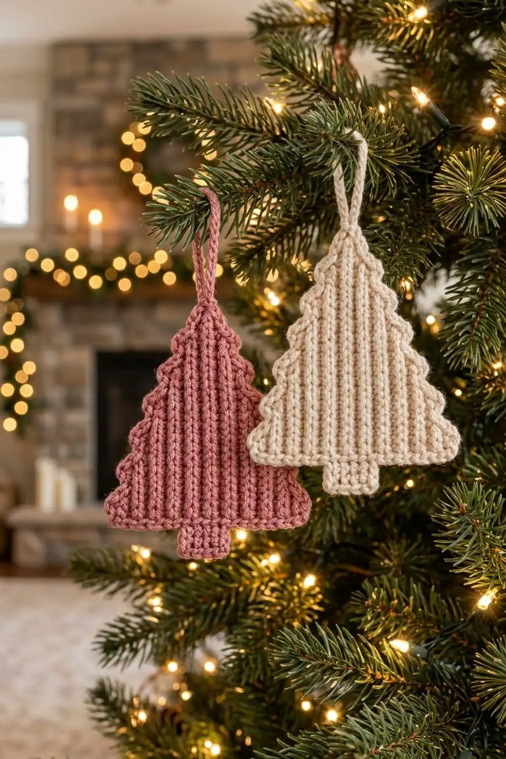 Pink and cream knitted tree ornaments hang from evergreen branches amid glowing Christmas lights and a cozy fireplace backdrop.