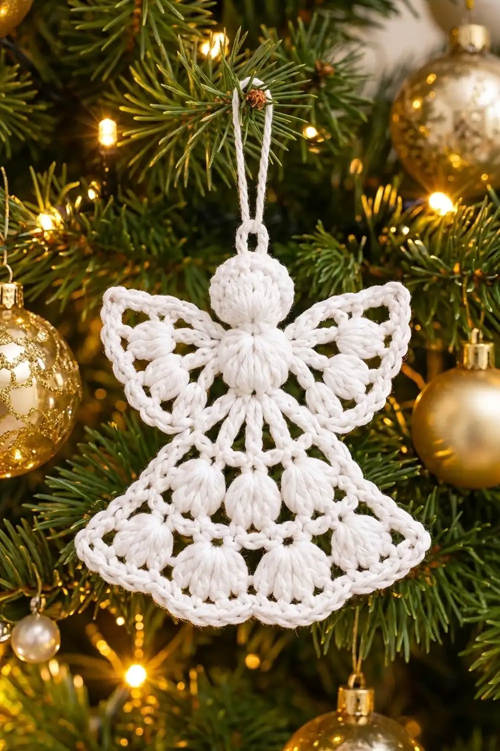 White crocheted lace angel ornament with wings hanging on evergreen tree among golden lights and gold baubles.
