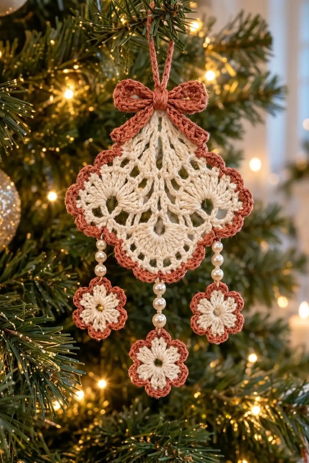 Crocheted ornament with rust bow, cream lace center, and pearl-beaded flowers hangs from an illuminated evergreen tree.