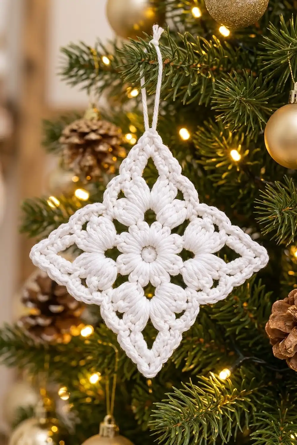 White crocheted diamond ornament with flower pattern hanging on evergreen Christmas tree with golden lights and gold baubles.
