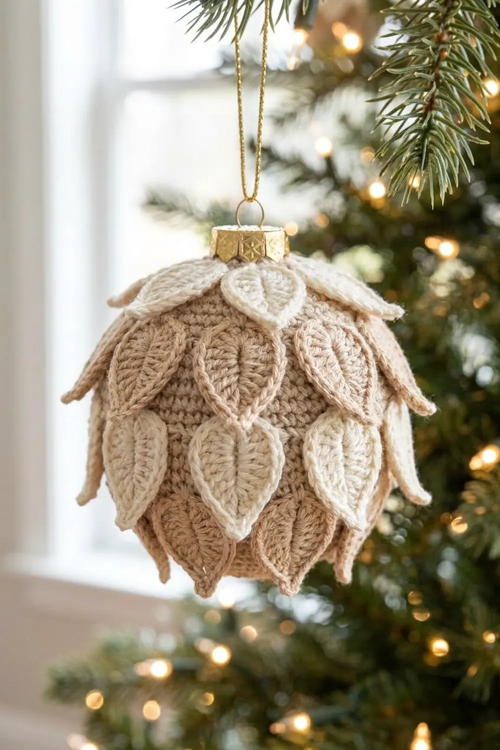 Crocheted ornament with layered leaf design in cream and beige hanging on Christmas tree with warm golden lights.