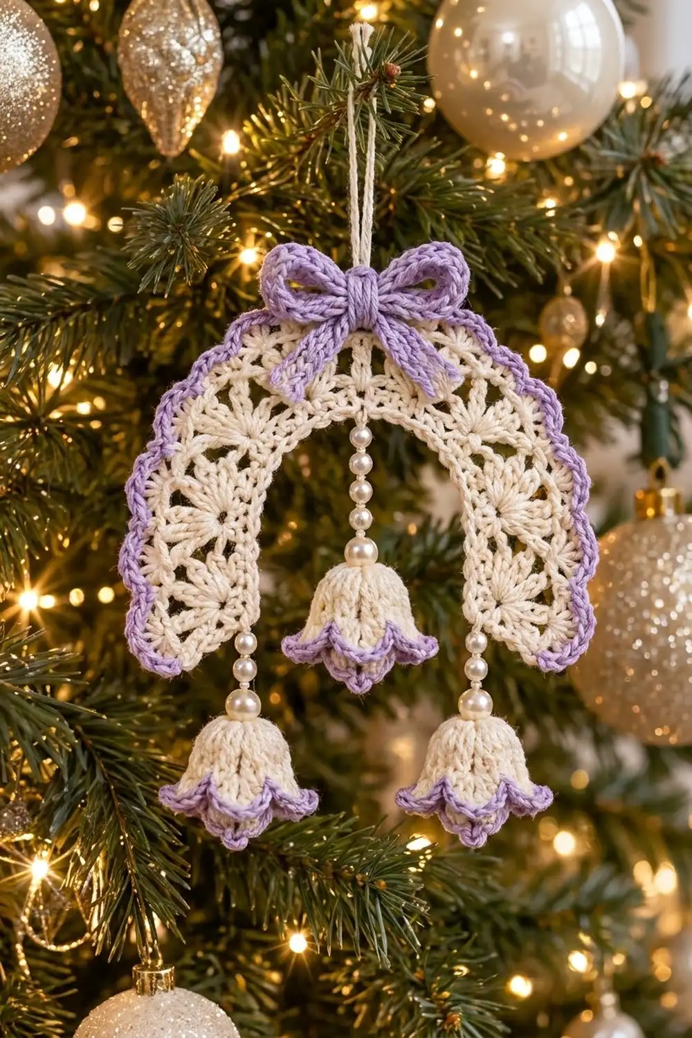 Lavender and cream crocheted mistletoe ornament with bell dangles hanging on a glowing Christmas tree.