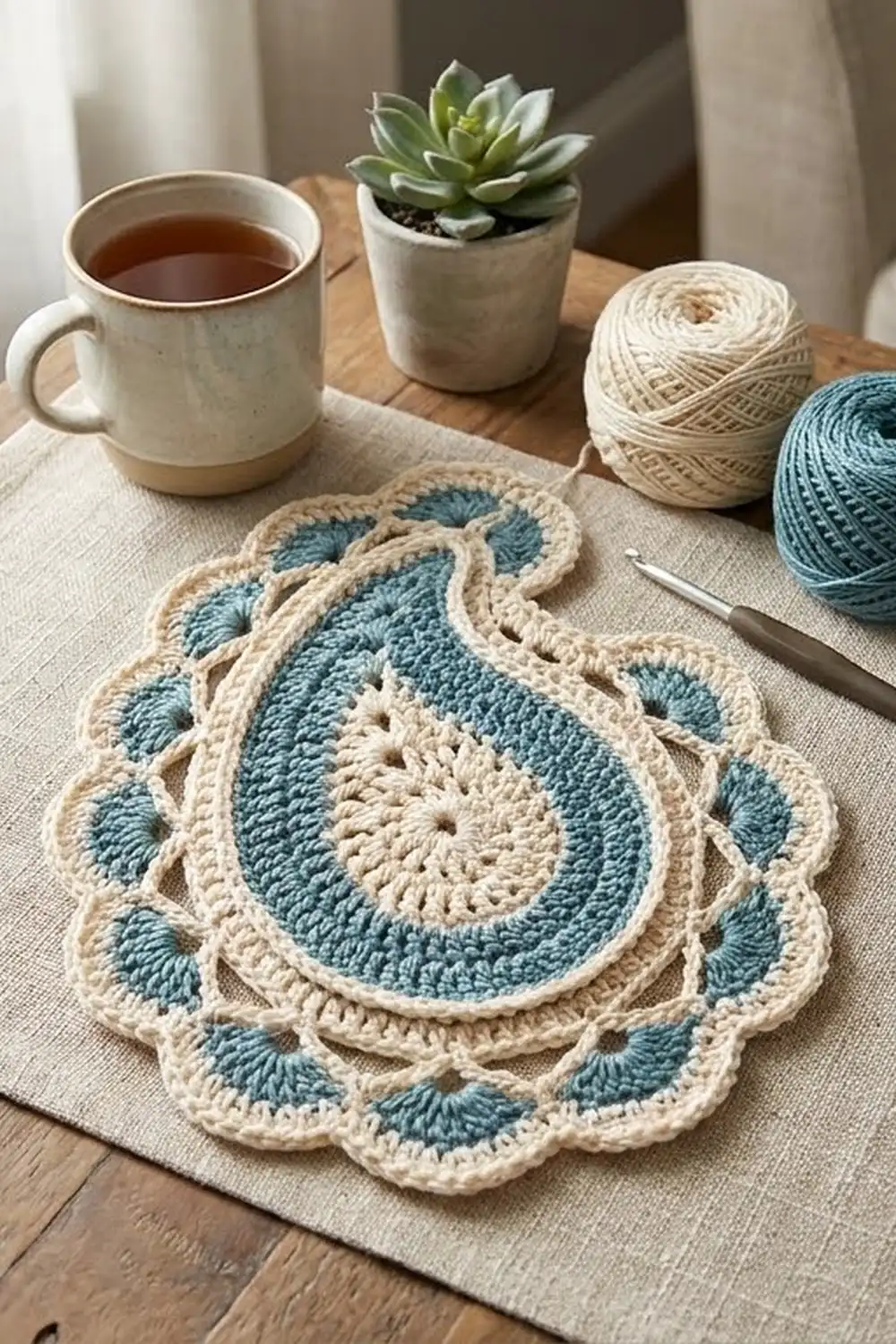 Crocheted blue and cream paisley coaster on wooden table with tea mug, yarn balls, and succulent plant.