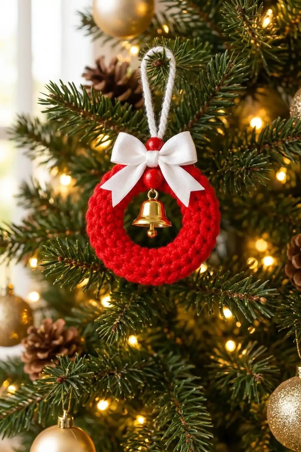 Red crocheted wreath ornament with white bow and gold bell hangs on evergreen branches with glowing warm lights.