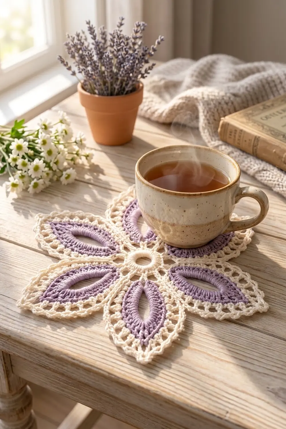 Cream and purple crocheted flower coaster under a ceramic mug on a wooden table, styled with fresh lavender and daisies.