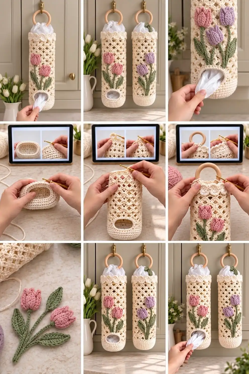 Crocheted tissue dispensers with pink and purple embroidered tulips, hanging from wooden rings in a bright home with white flowers.