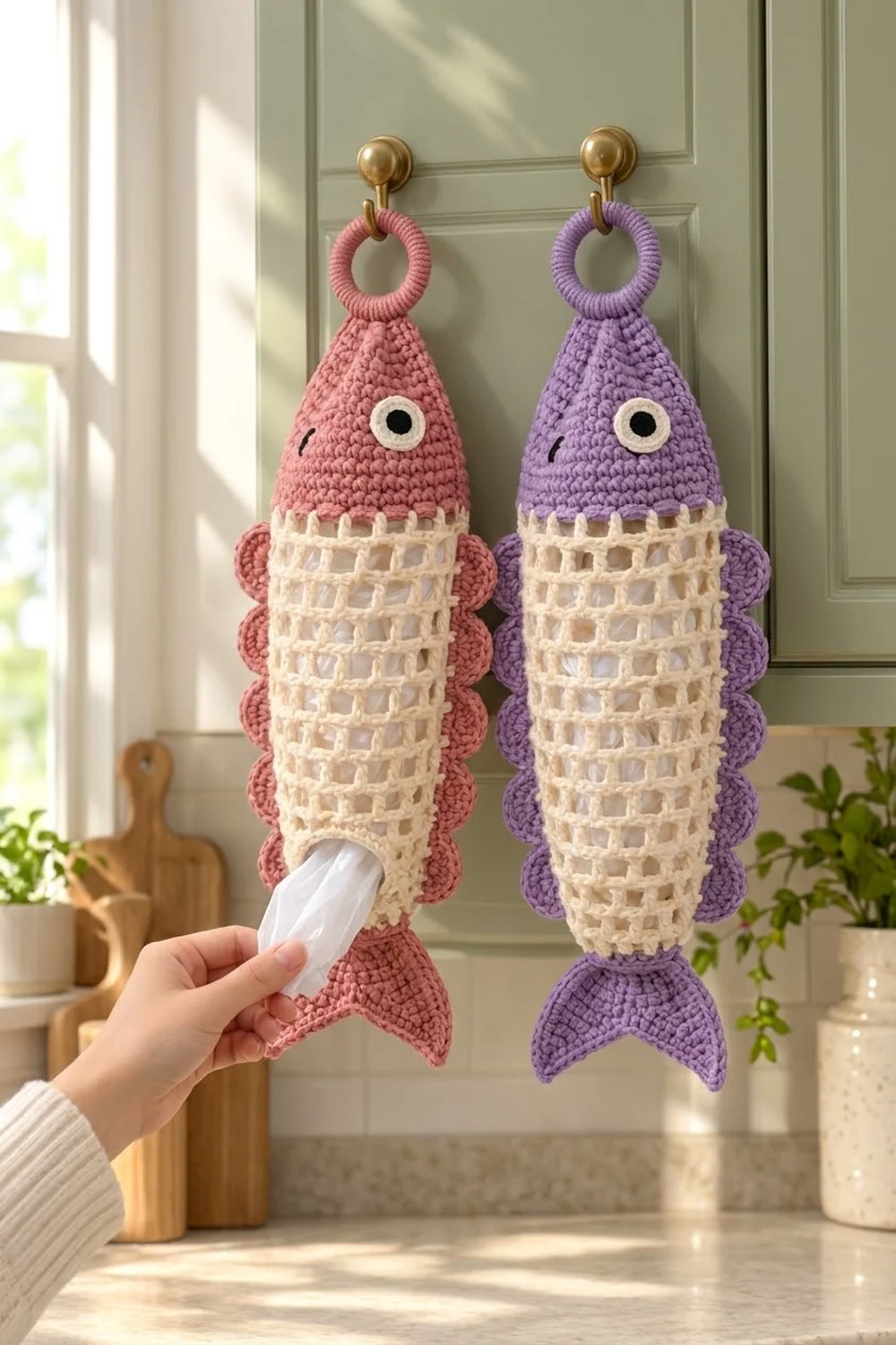 Hand inserting white bag into pink crocheted fish holder, hanging next to purple version on sage green cabinet door.