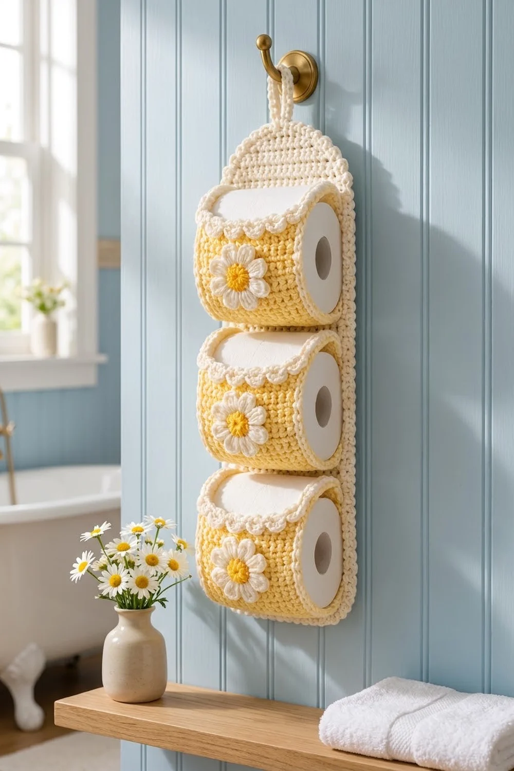 Three-tier crocheted toilet paper holder decorated with white and yellow daisies, mounted on a light blue wall.