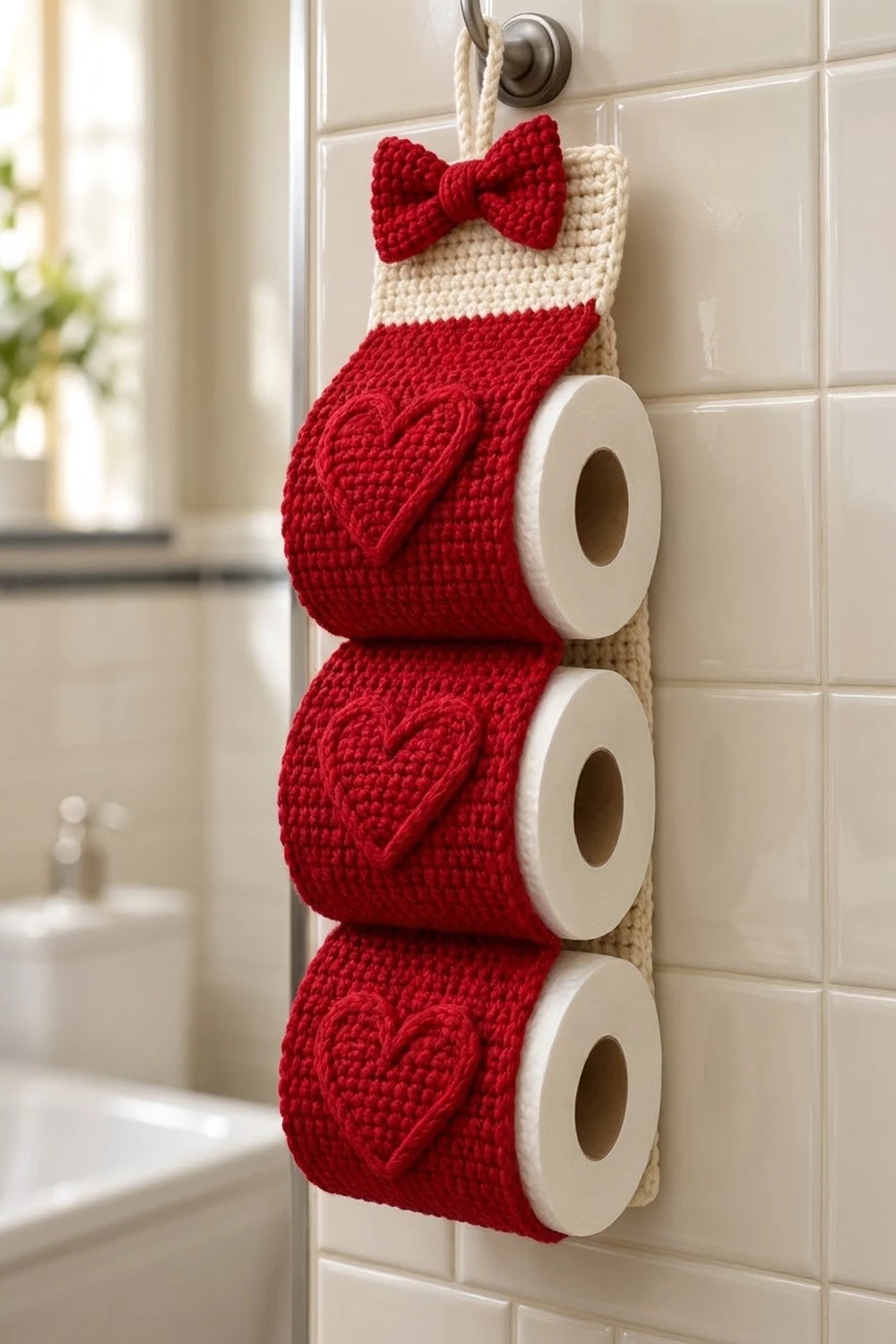 Crocheted toilet paper holder with red heart-patterned covers, cream backing, and red bow in bright bathroom.