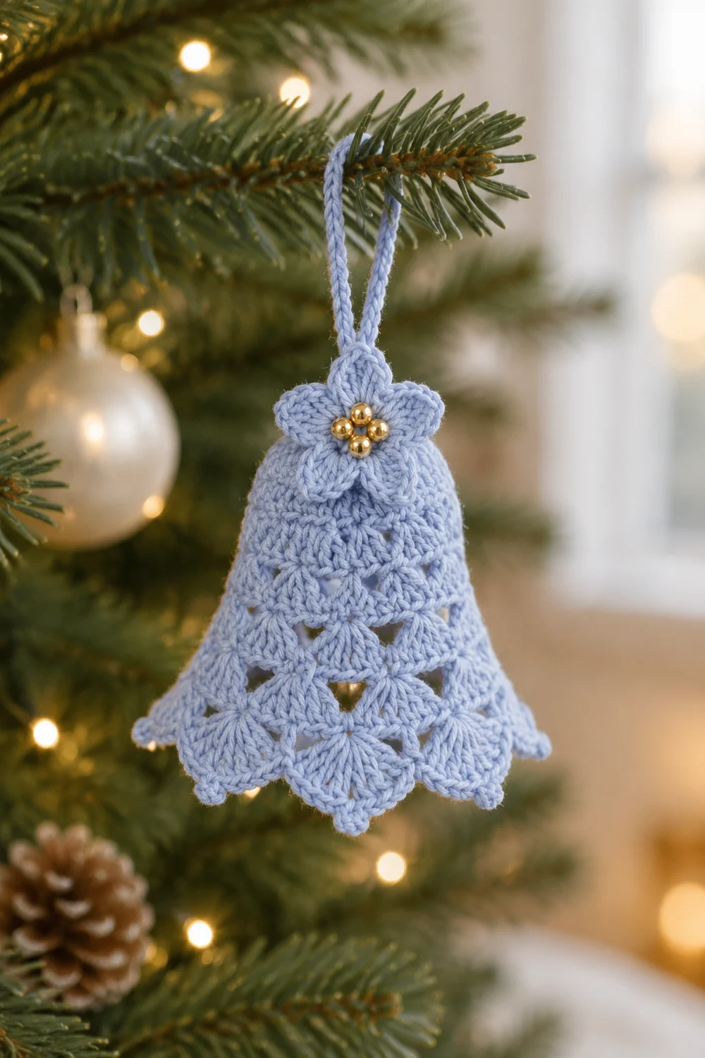 A light blue crocheted bell ornament with gold beads hanging from an evergreen Christmas tree branch.