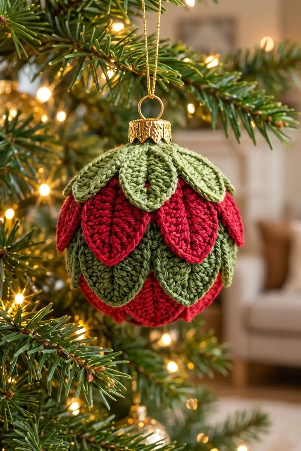 Crocheted red and green berry ornament with gold cap hanging on an evergreen tree with twinkling lights.
