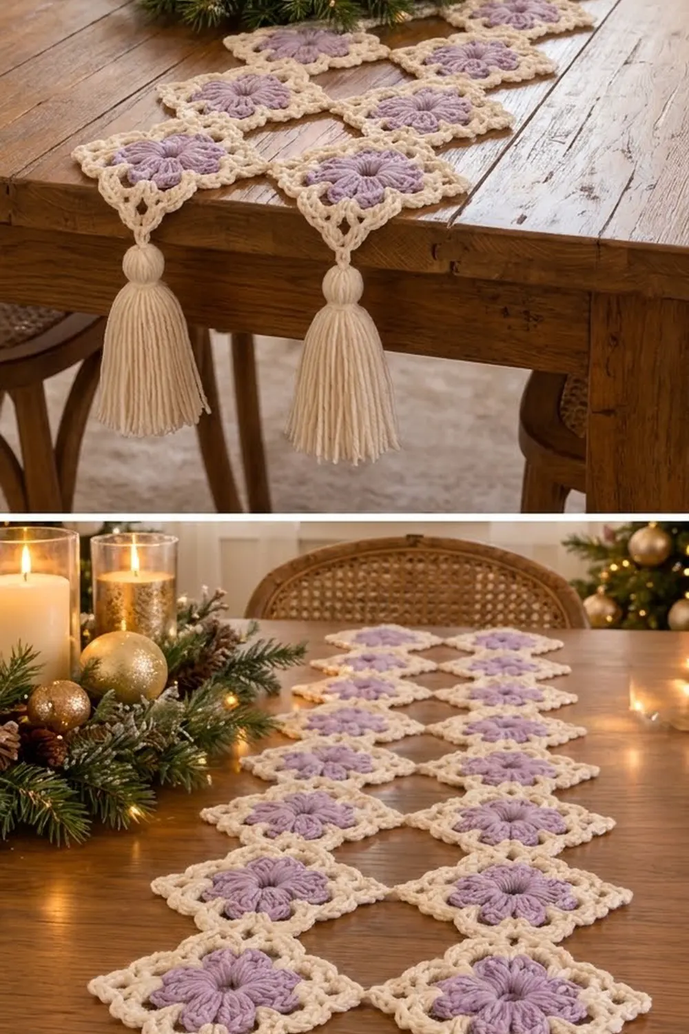 Cream and purple crocheted table runner with tassels displayed on wood surrounded by holiday candles and greenery.