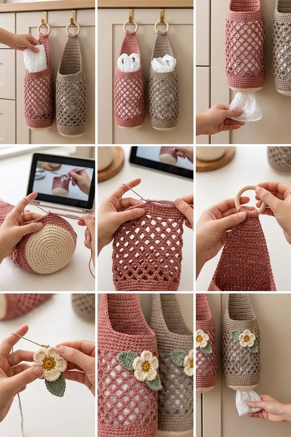 Pink and gray crocheted tissue holders with small daisy decorations hanging against a white paneled wall.