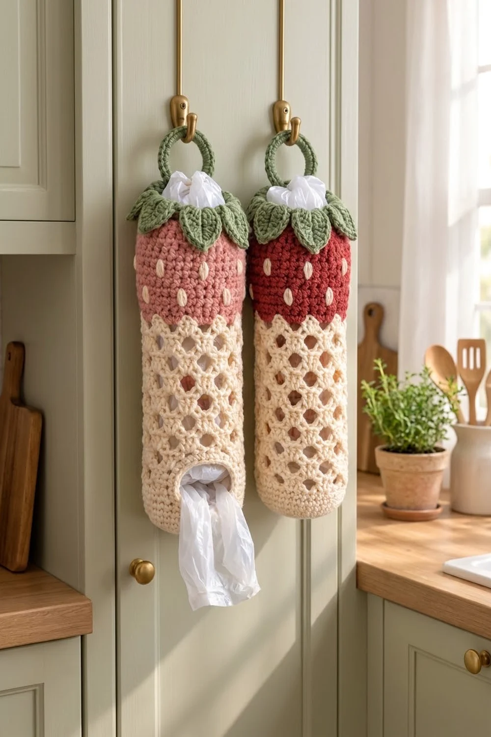 Two crocheted strawberry tissue holders with pink and red bodies hang on cabinet beside wooden utensils and potted greenery indoors.