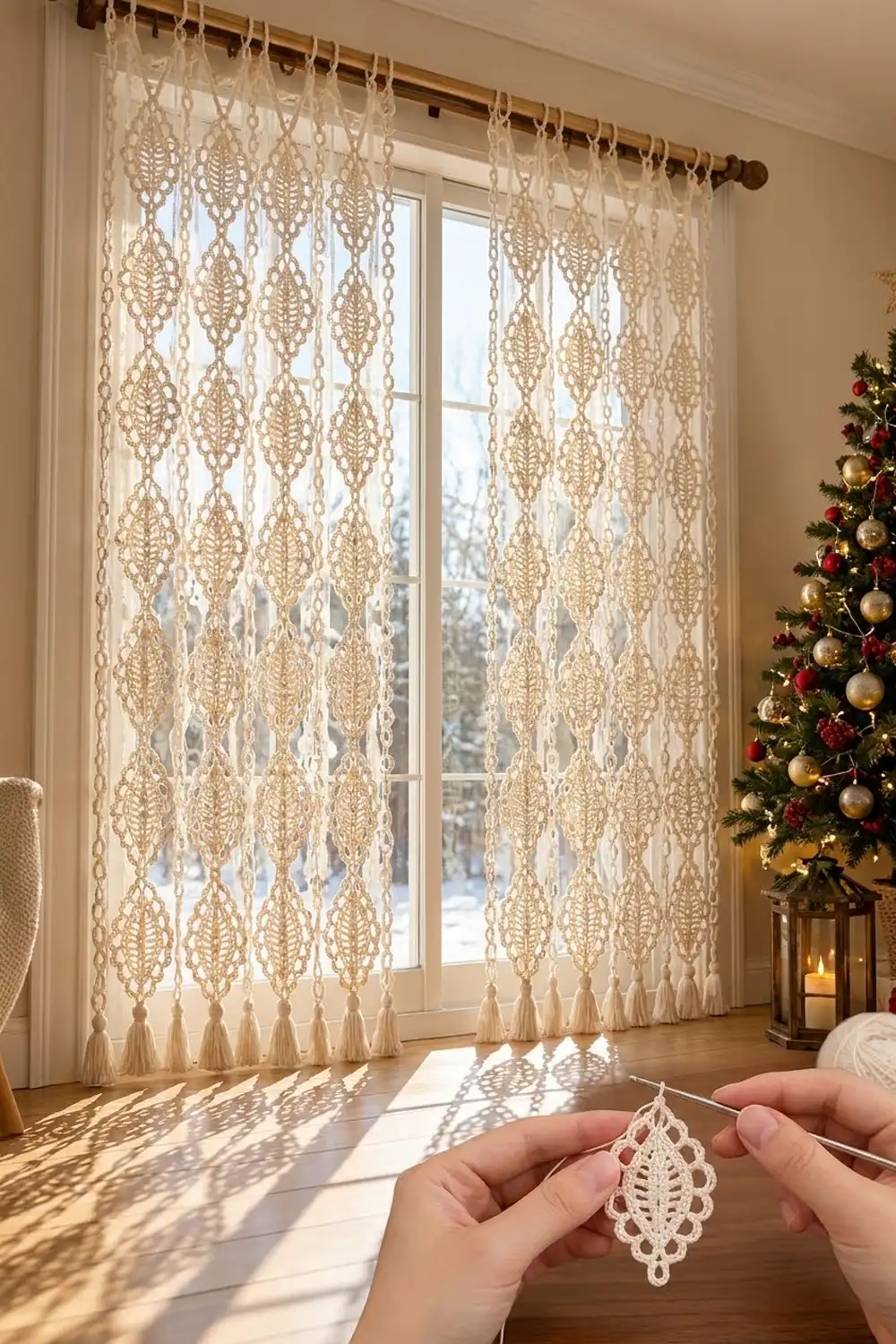 Cream macramé curtain with delicate leaf patterns and tassels frames a snowy window; hand displays matching ornament in holiday room.